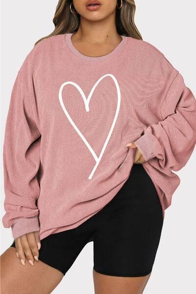 Plus Size Heart Ribbed Round Neck Sweatshirt - Clothes For Her Online Store