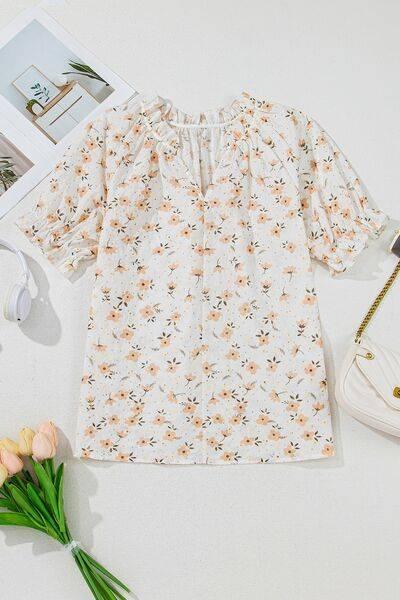 Frill Printed Notched Short Sleeve Blouse - Clothes For Her Online Store