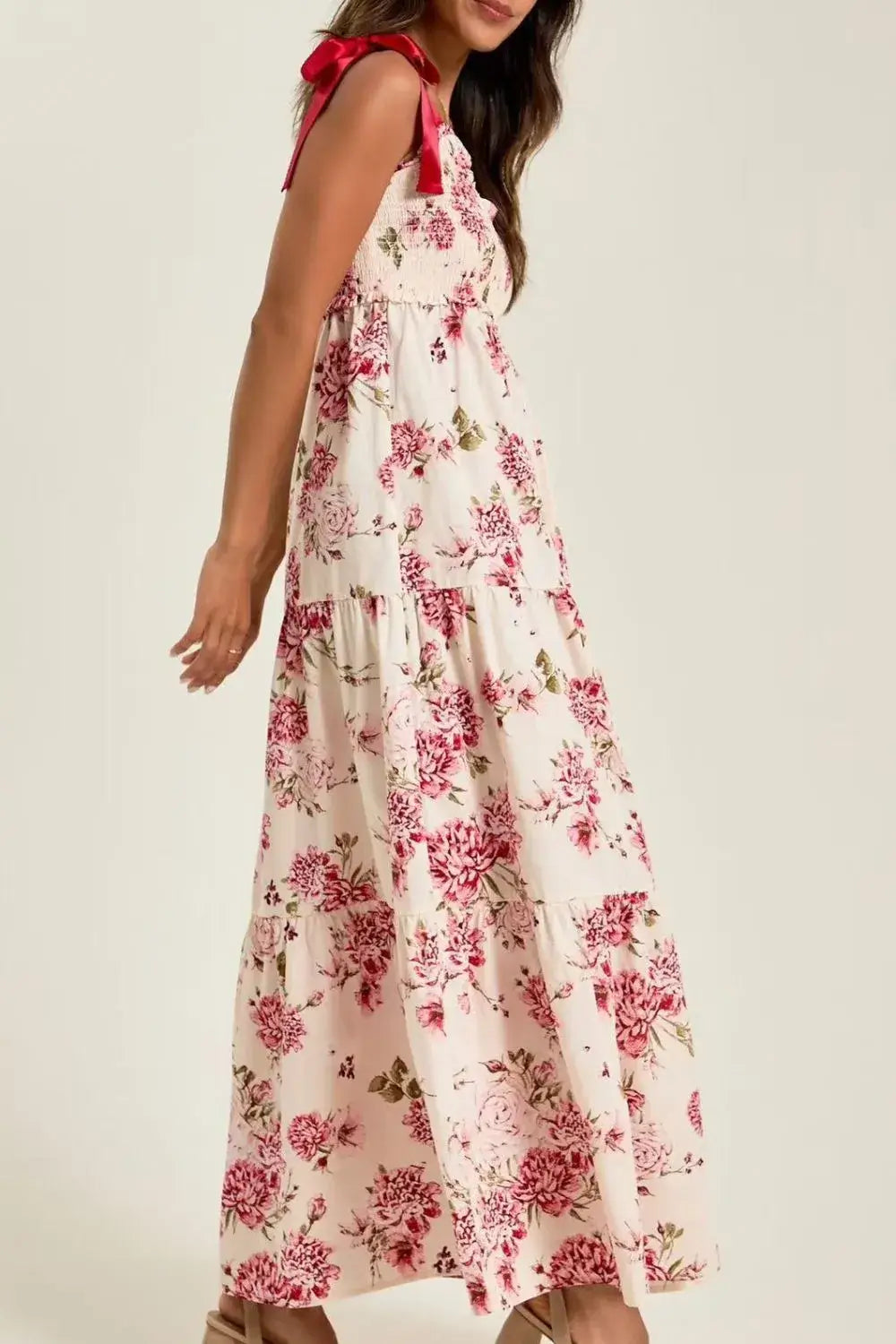 Floral Tiered Maxi Dress with Mixed Print Design