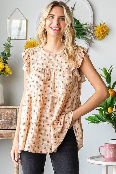 Heimish Full Size Butterfly Short Sleeve Round Neck Ditsy Floral Print Tiered Top Plus Size - Clothes For Her Online Store