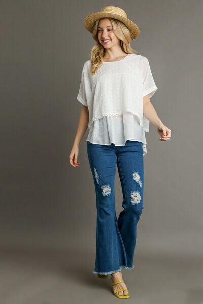Umgee Full Size Eyelet Layered Short Sleeve Blouse Plus Size - Clothes For Her Online Store