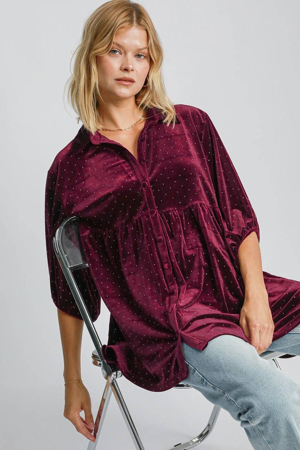 Umgee Full Size Polka Dot Button Up Half Sleeve Shirt - Clothes For Her Online Store