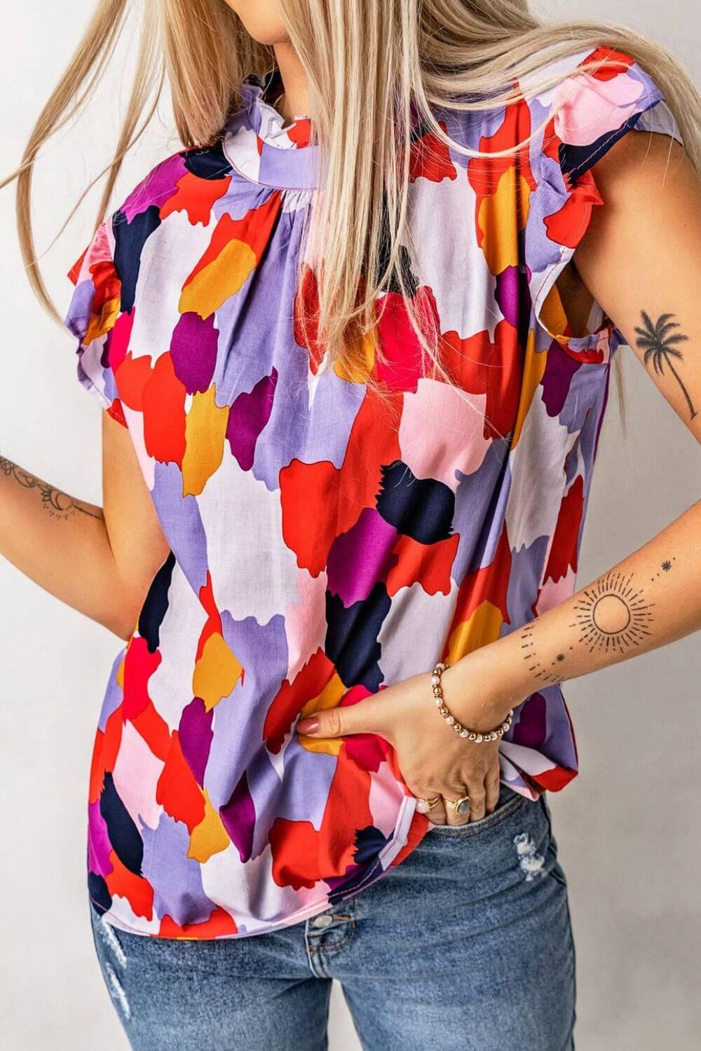 Frill Printed Mock Neck Cap Sleeve Blouse - Clothes For Her Online Store