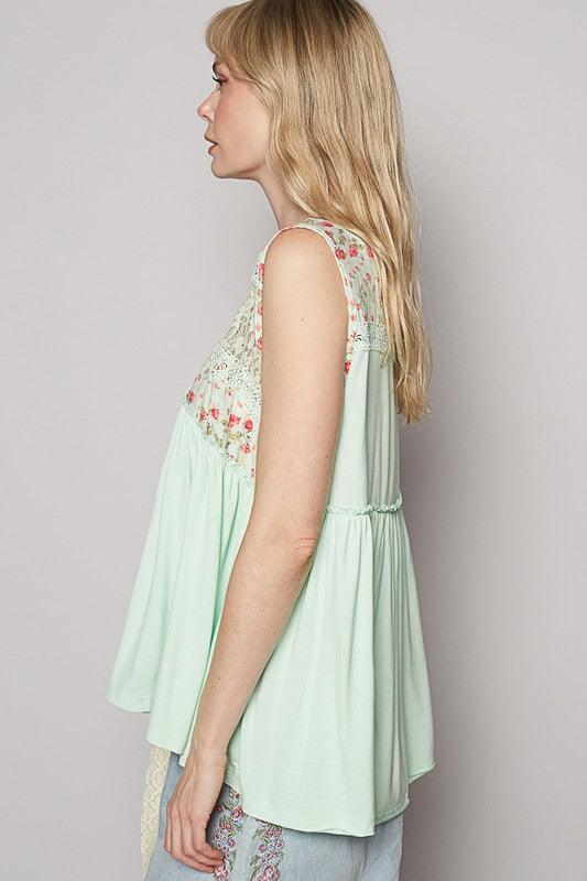 POL Lace Detail Frill Floral V-Neck Sleeveless Top - Clothes For Her Online Store