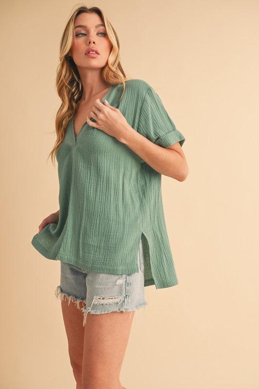 Aemi + Co Side Slit V-Neck Short Sleeve Blouse - Clothes For Her Online Store