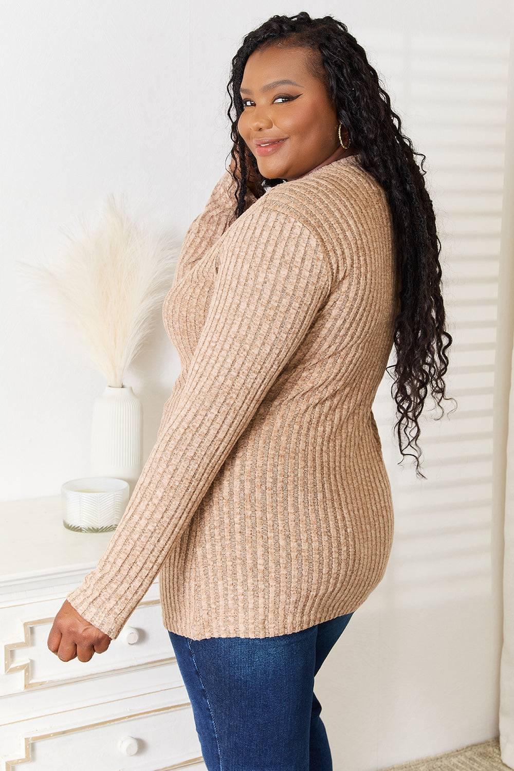 Double Take Notched Neck Ribbed Long Sleeve T-Shirt - Clothes For Her Online Store
