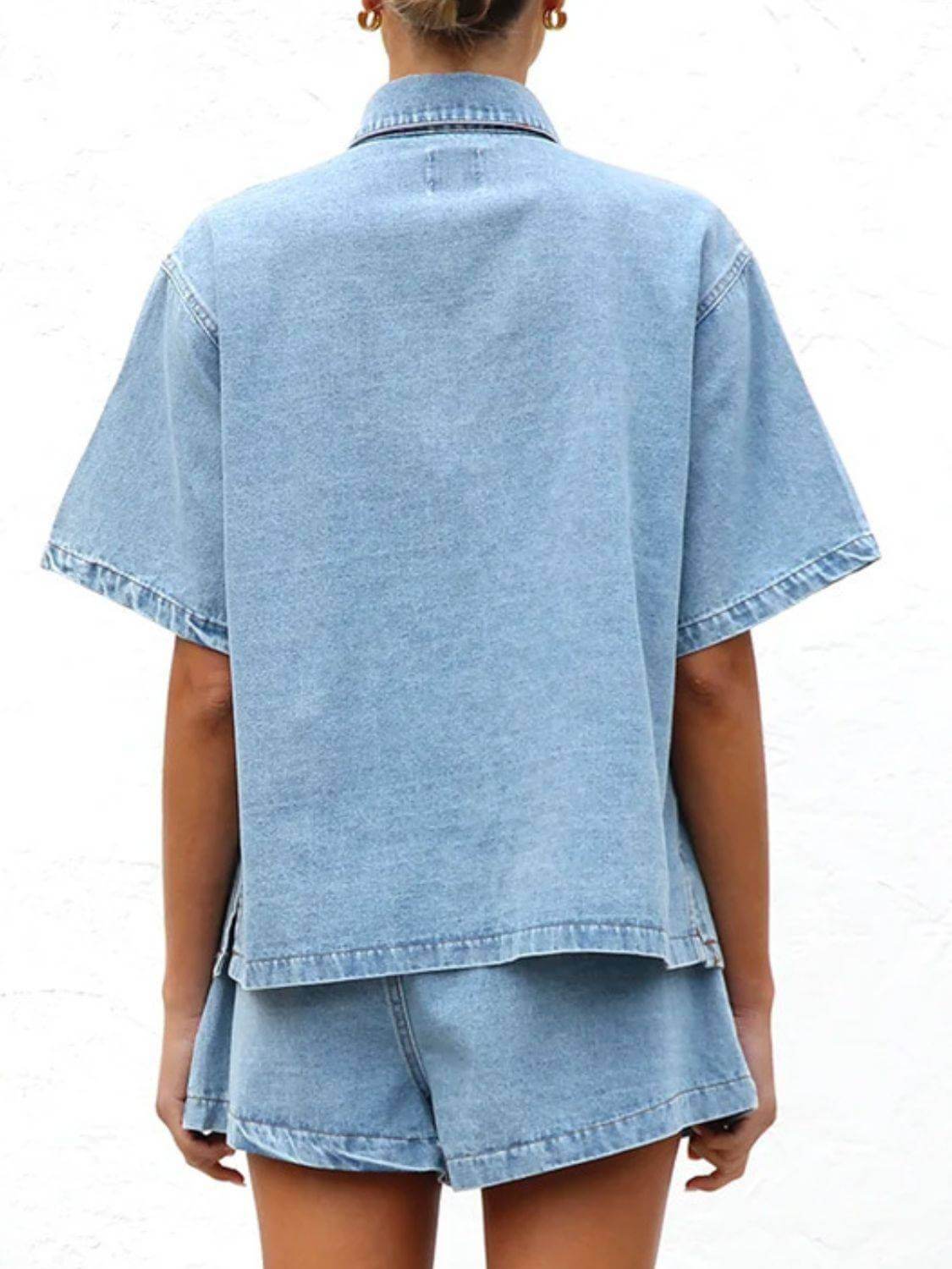Button Up Half Sleeve Denim Shirt - Clothes For Her Online Store