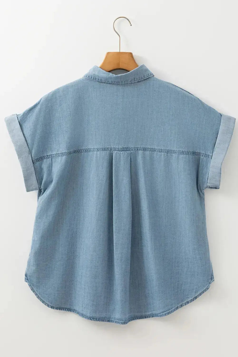 Folded Short Sleeve Patched Pocket Denim Shirt - Clothes For Her Online Store
