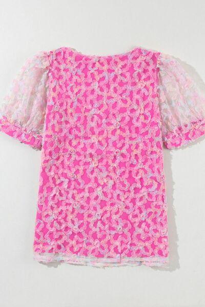 Bonbon Flowery Mesh Short Puff Sleeve Blouse - Clothes For Her Online Store