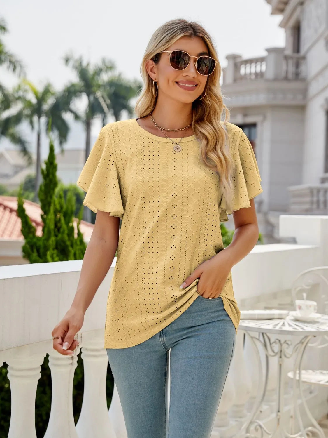 Eyelet Round Neck Flutter Sleeve T-Shirt