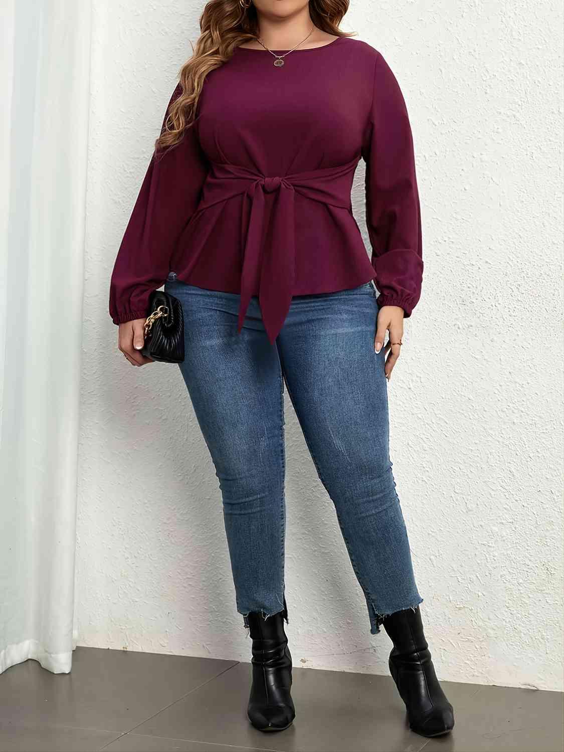 Plus Size Tie Front Long Sleeve Blouse - Clothes For Her Online Store