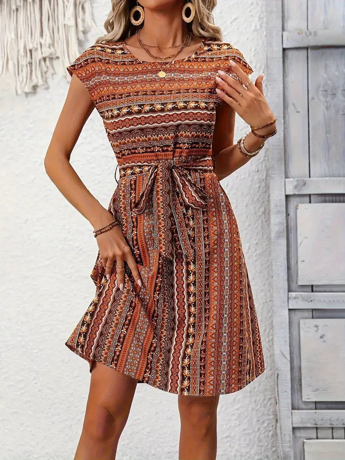 Printed Round Neck Cap Sleeve Dress