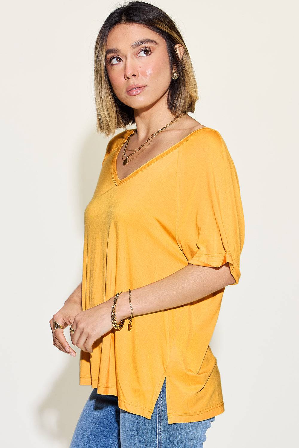 Basic Bae Full Size Bamboo Slit V-Neck Short Sleeve T-Shirt - Clothes For Her Online Store