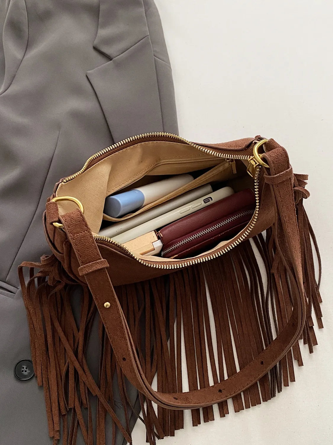 Fringe Solid Color Shoulder Bag