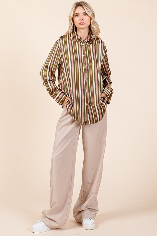 Mittoshop Striped Button Down Satin Shirt - Clothes For Her Online Store