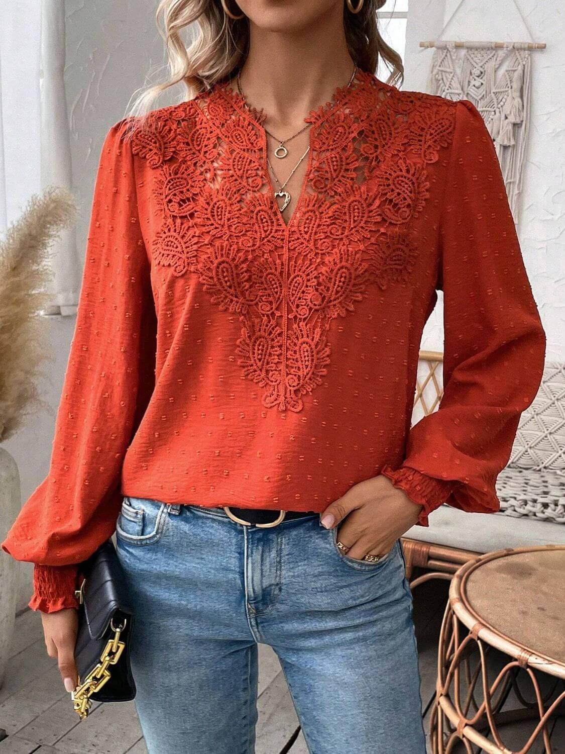 Swiss Dot Lace Detail Notched Long Sleeve Blouse - Clothes For Her Online Store