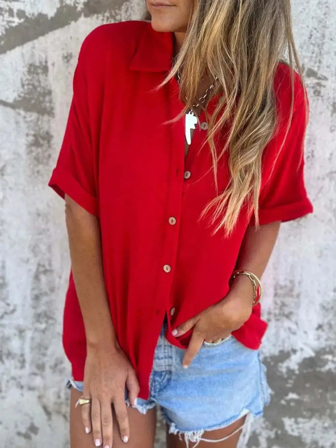 Full Size Collared Neck Half Sleeve Shirt Plus Size - Clothes For Her Online Store