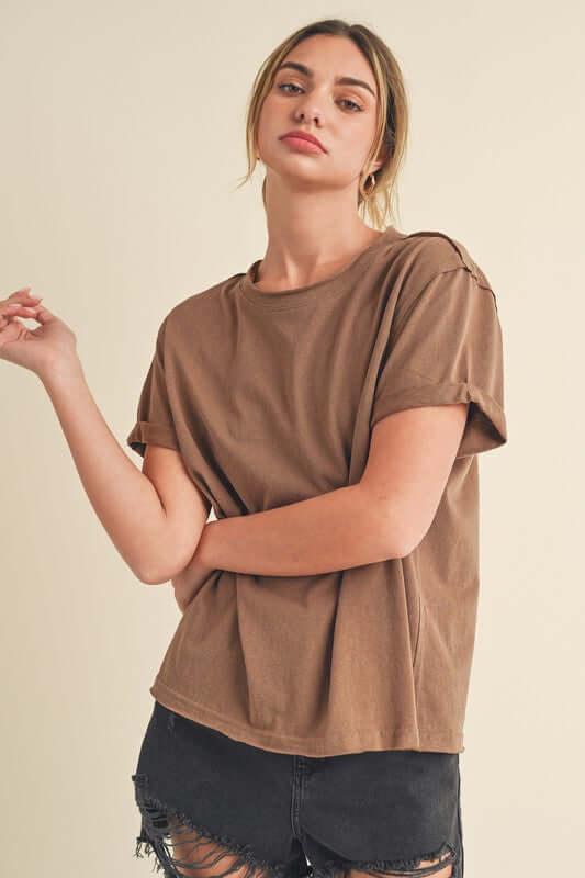 Aemi + Co Exposed Seam Round Neck Short Sleeve T-Shirt - Clothes For Her Online Store