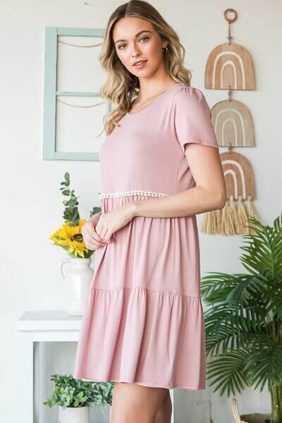 Heimish Full Size Solid Mini Tiered Dress with Pompom Lace Plus Size - Clothes For Her Online Store