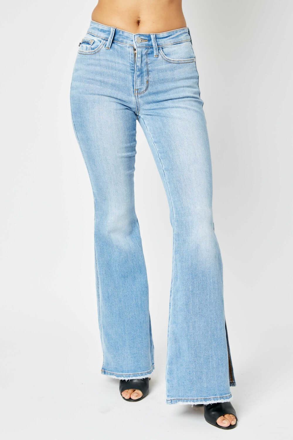 Judy Blue Full Size Mid Rise Raw Hem Slit Flare Jeans - Clothes For Her Online Store