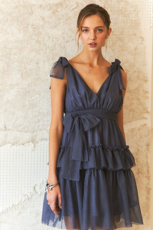 ADORA Tie Shoulder Polka Dot Mesh Dress - Clothes For Her Online Store