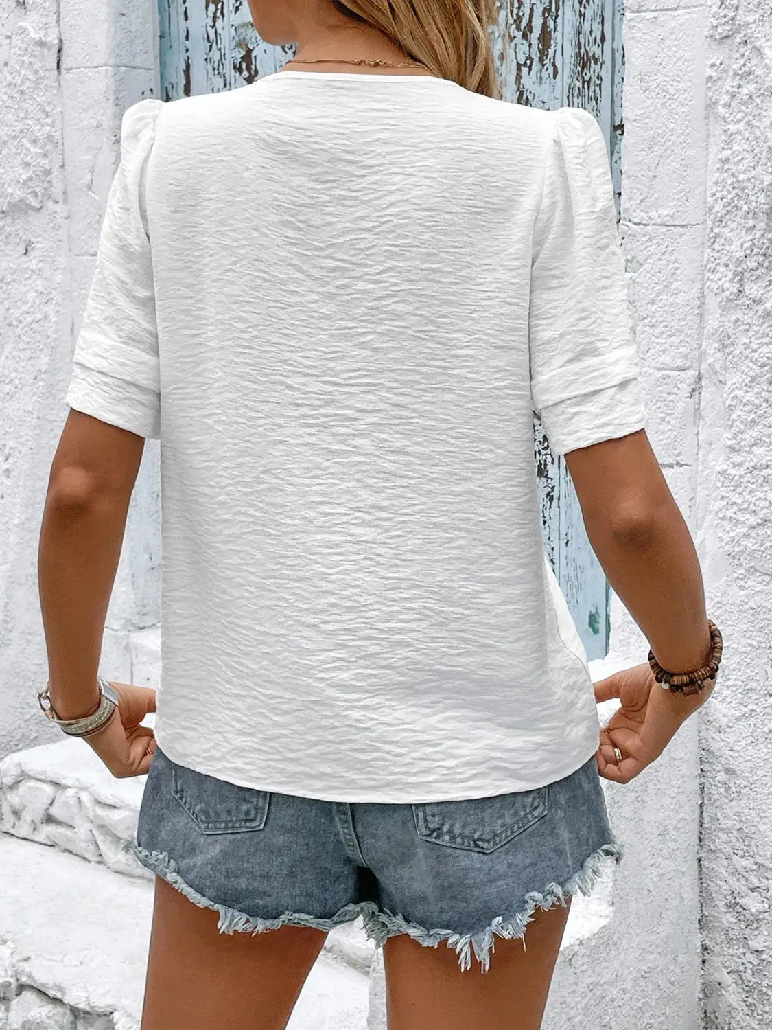 Embroidered V-Neck Short Sleeve Top - Clothes For Her Online Store