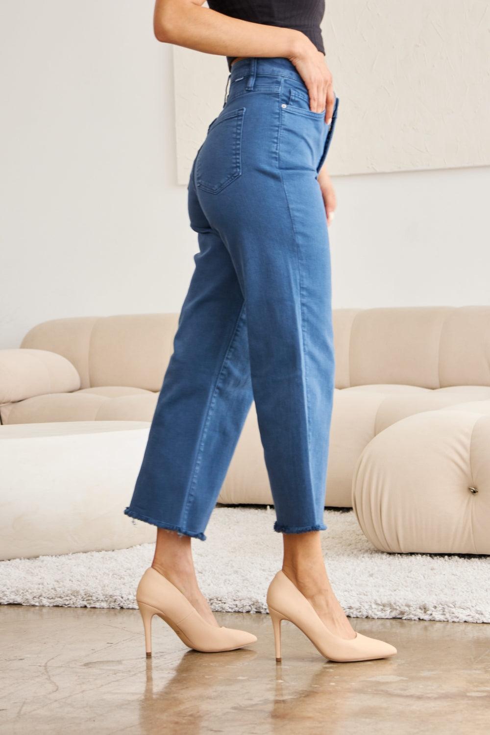 RFM Crop Chloe Full Size Tummy Control High Waist Raw Hem Jeans - Clothes For Her Online Store