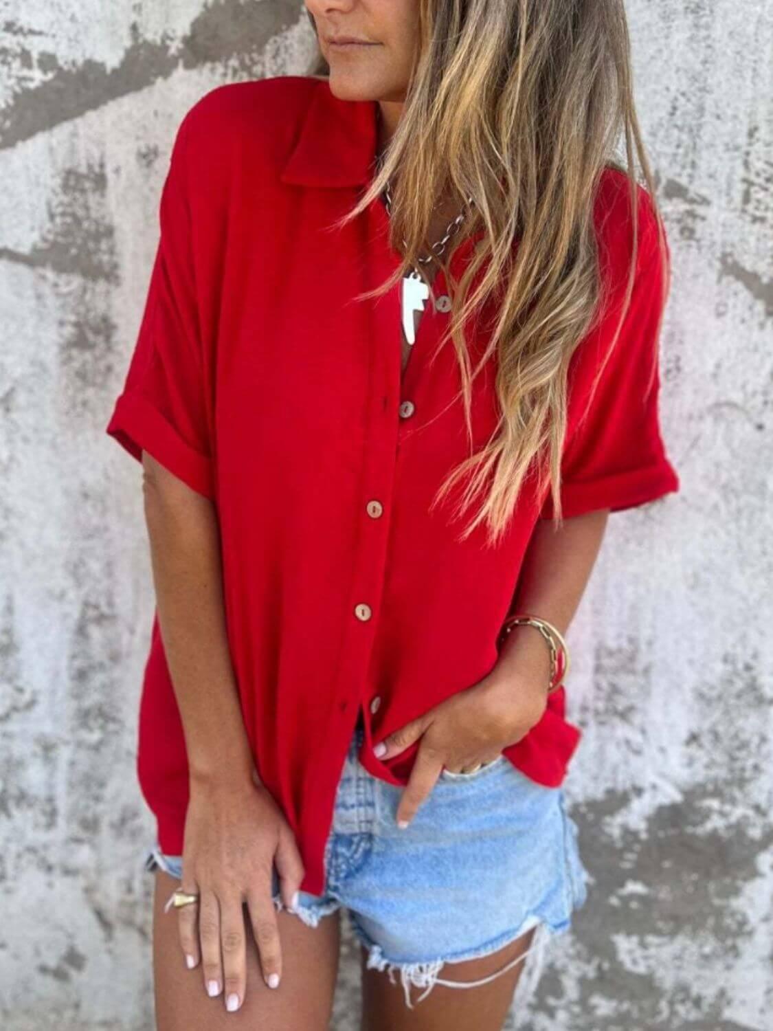 Full Size Collared Neck Half Sleeve Shirt Plus Size - Clothes For Her Online Store