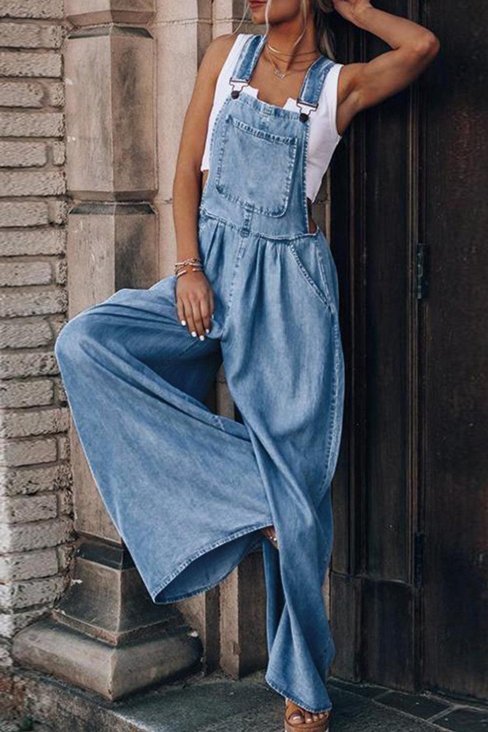 Distressed Wide Leg Denim Overalls - Clothes For Her Online Store