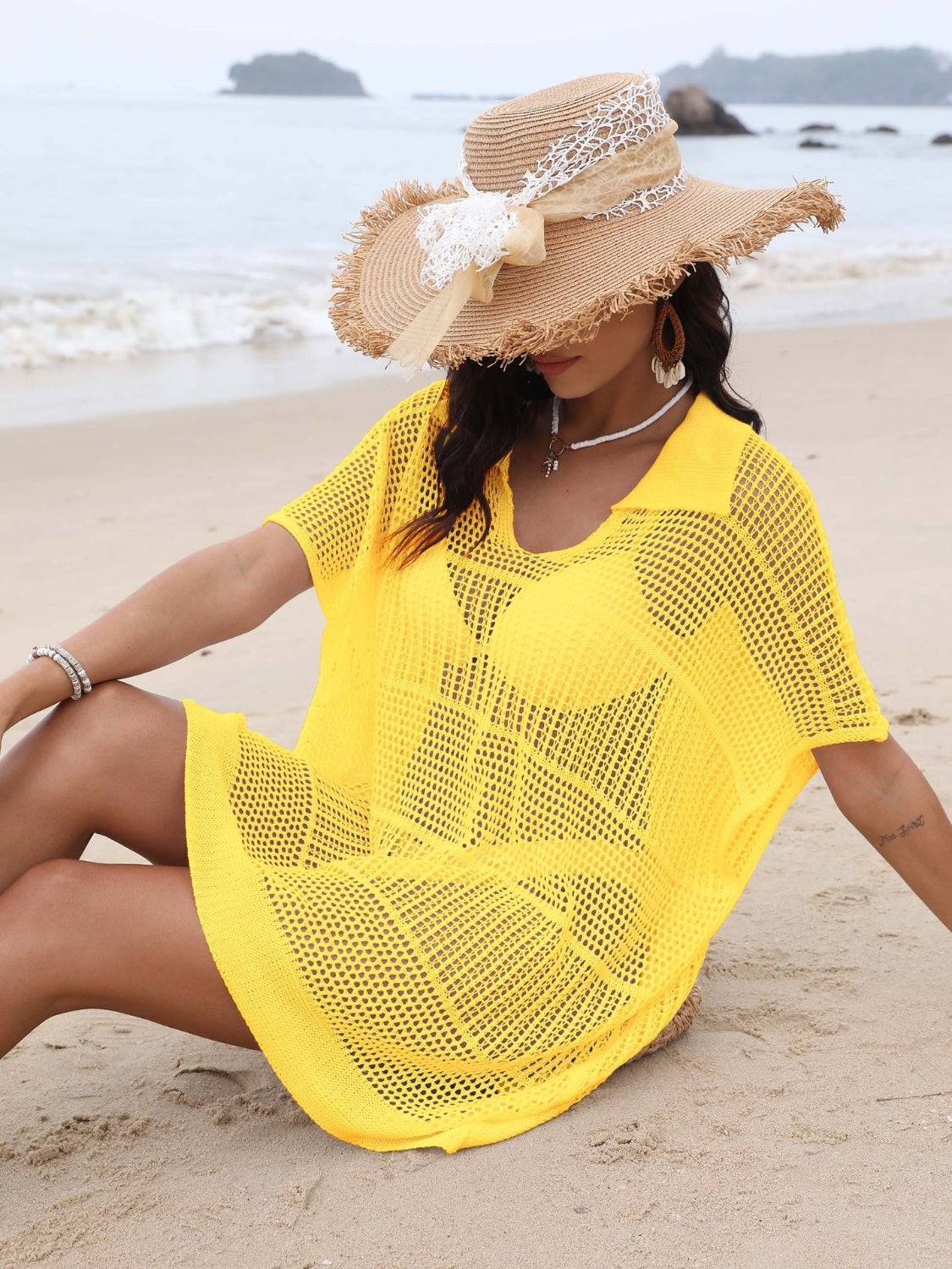 Hollow Out Collared Neck Cover-Up - Clothes For Her Online Store