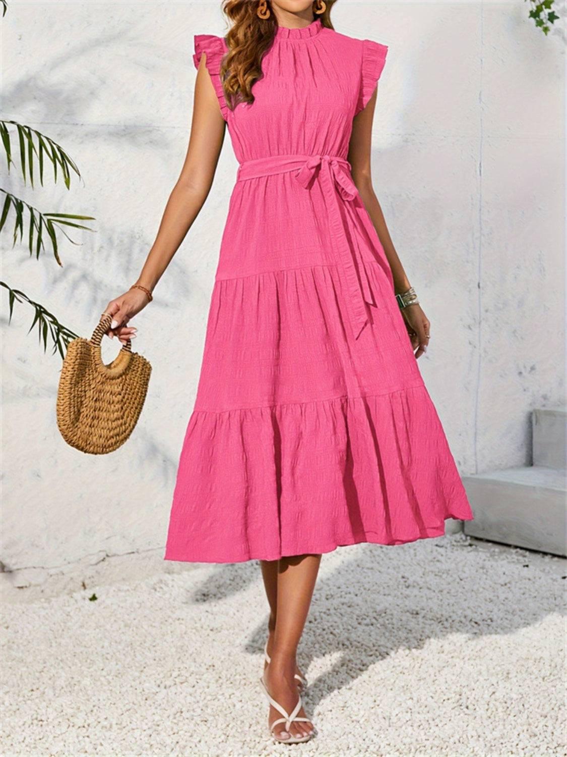 Frill Mock Neck Ruffled Cap Sleeve Midi Dress - Clothes For Her Online Store