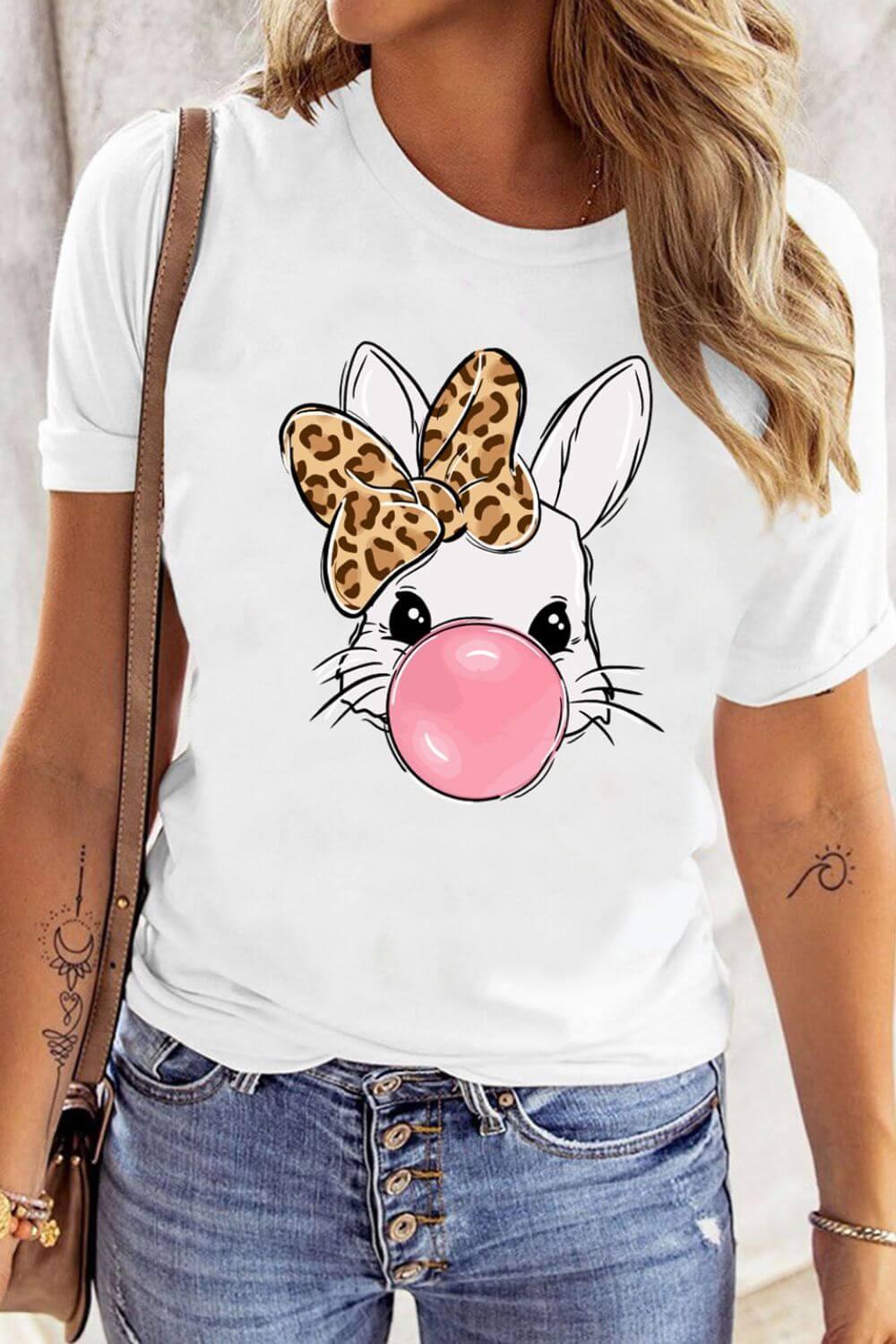 Leopard Bow Rabbit Graphic Round Neck Short Sleeve T-Shirt - Clothes For Her Online Store