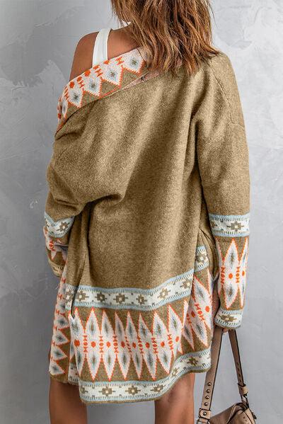 Geometric Open Front Long Sleeve Cardigan - Clothes For Her Online Store