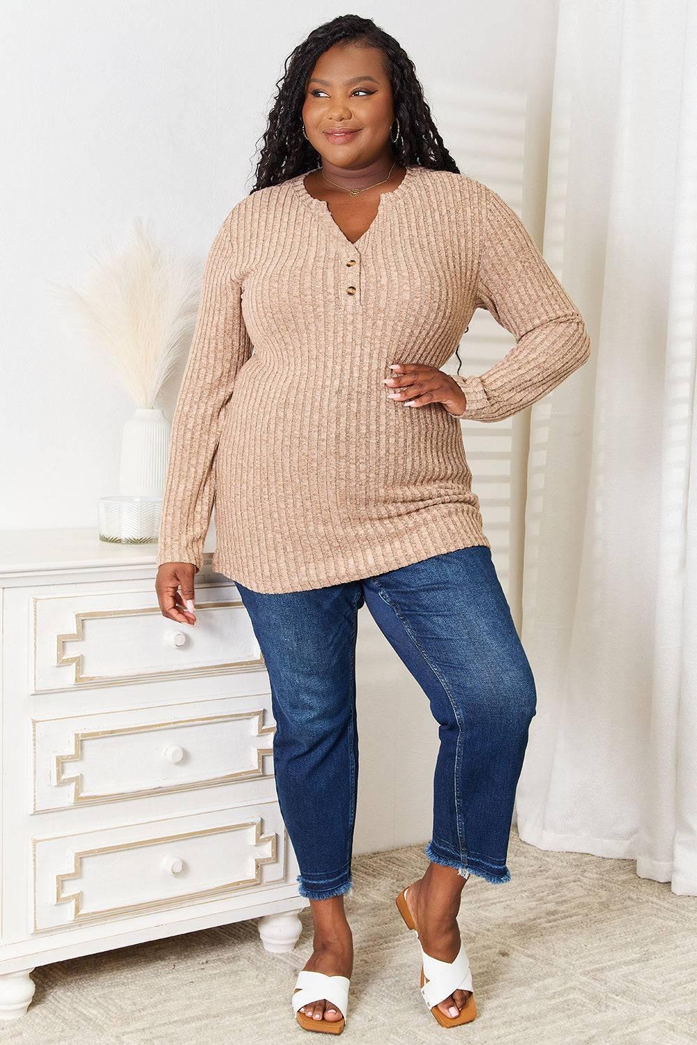 Double Take Notched Neck Ribbed Long Sleeve T-Shirt - Clothes For Her Online Store