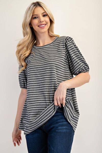 Celeste Full Size Gingham Print Top With Puff Sleeves Plus Size - Clothes For Her Online Store