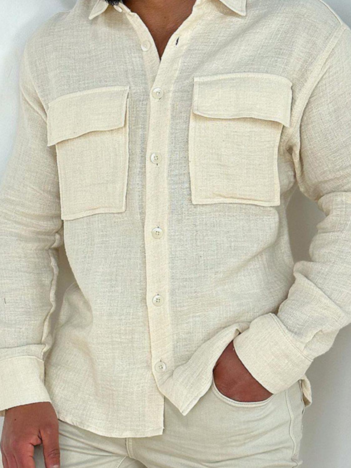Men's Full Size Collared Neck Long Sleeve Shirt with Chest Pockets Plus Size - Clothes For Her Online Store