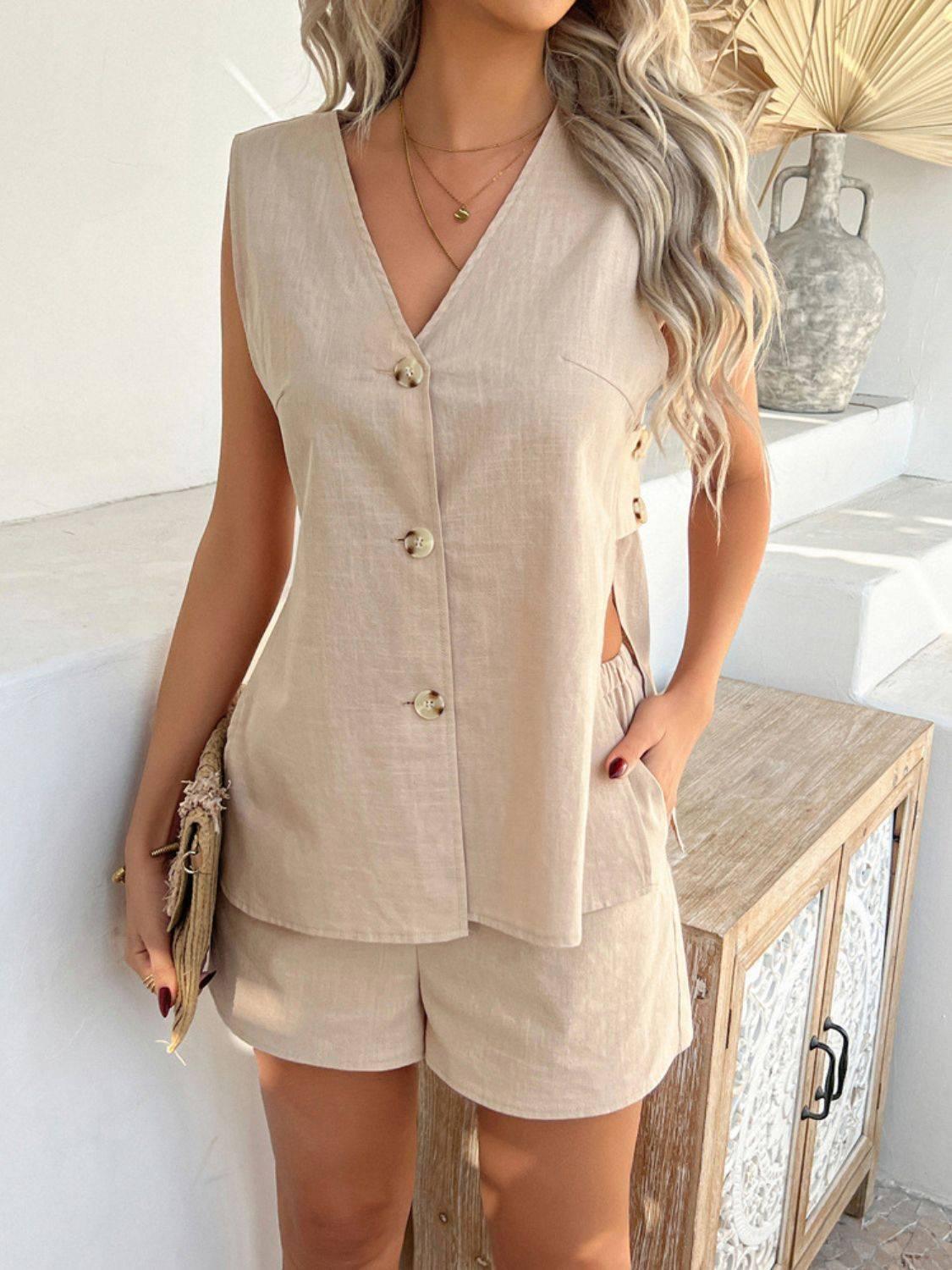 Devine Button Down V-Neck Tank and Shorts Set - Clothes For Her Online Store