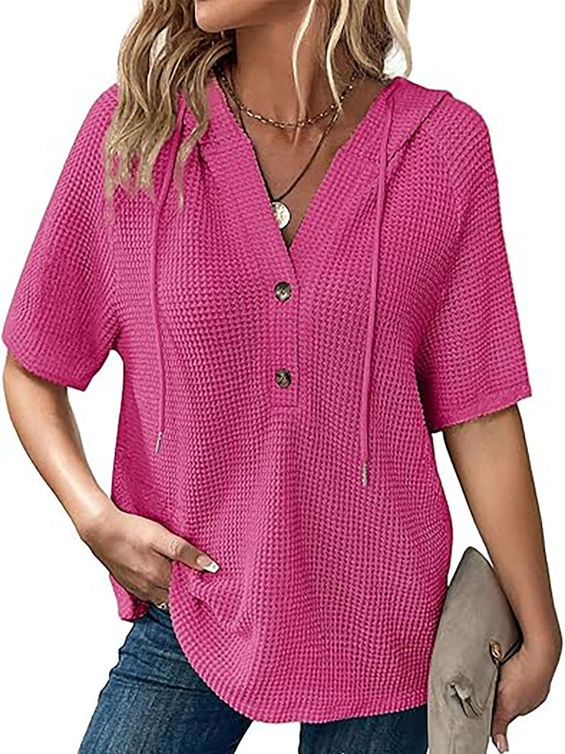 Waffle-Knit Hooded Short Sleeve Blouse - Clothes For Her Online Store