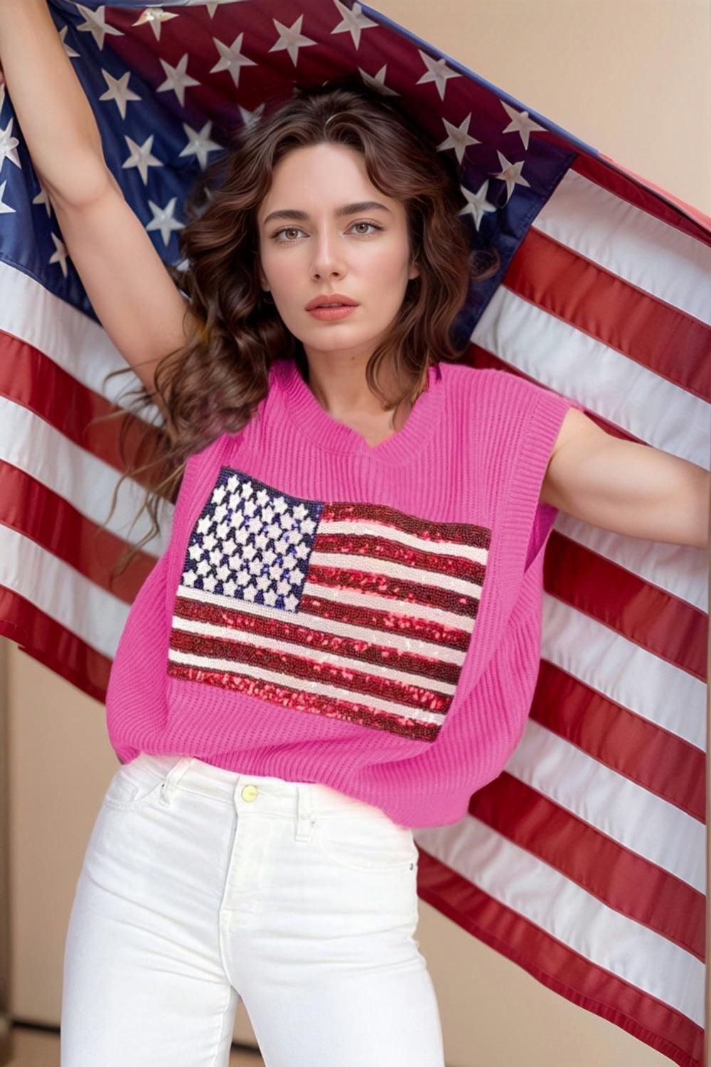 Sequin US Flag Round Neck Sweater Vest - Clothes For Her Online Store