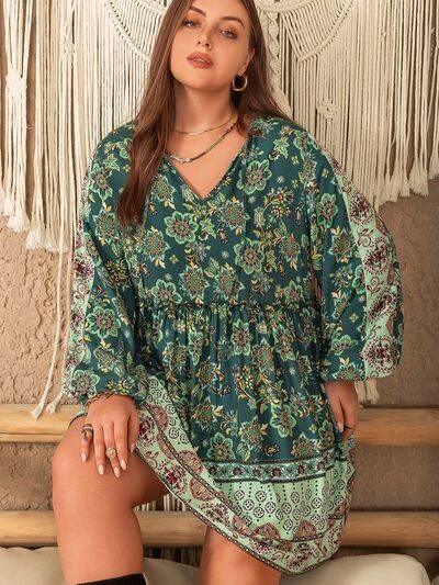 Plus Size V-Neck Balloon Sleeve Printed Mini Dress - Clothes For Her Online Store