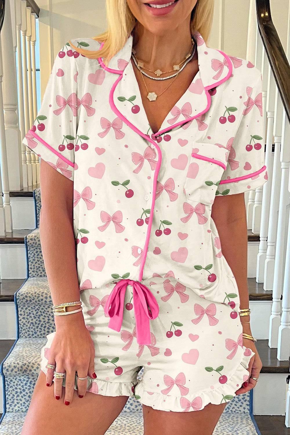 Printed Button Up Short Sleeve Top and Shorts Lounge Set - Clothes For Her Online Store