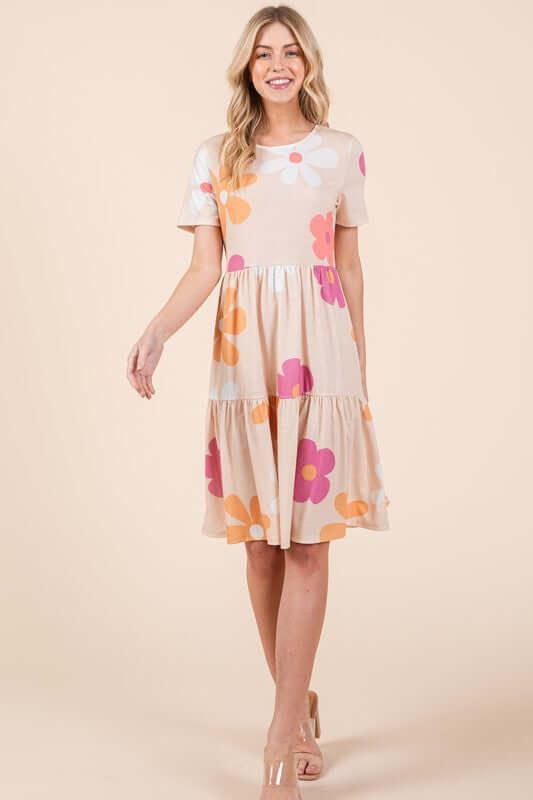 BOMBOM Floral Round Neck Short Sleeve Tiered Dress - Clothes For Her Online Store