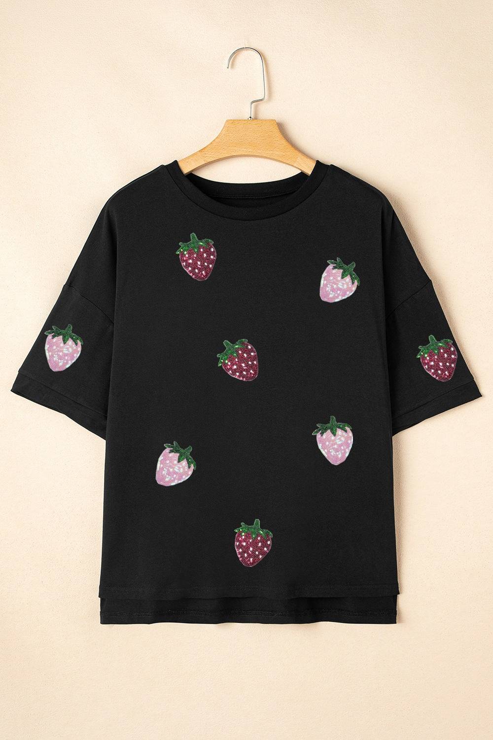 Sequin Strawberry High Low Half Sleeve Relaxed Fit T-Shirt - Clothes For Her Online Store