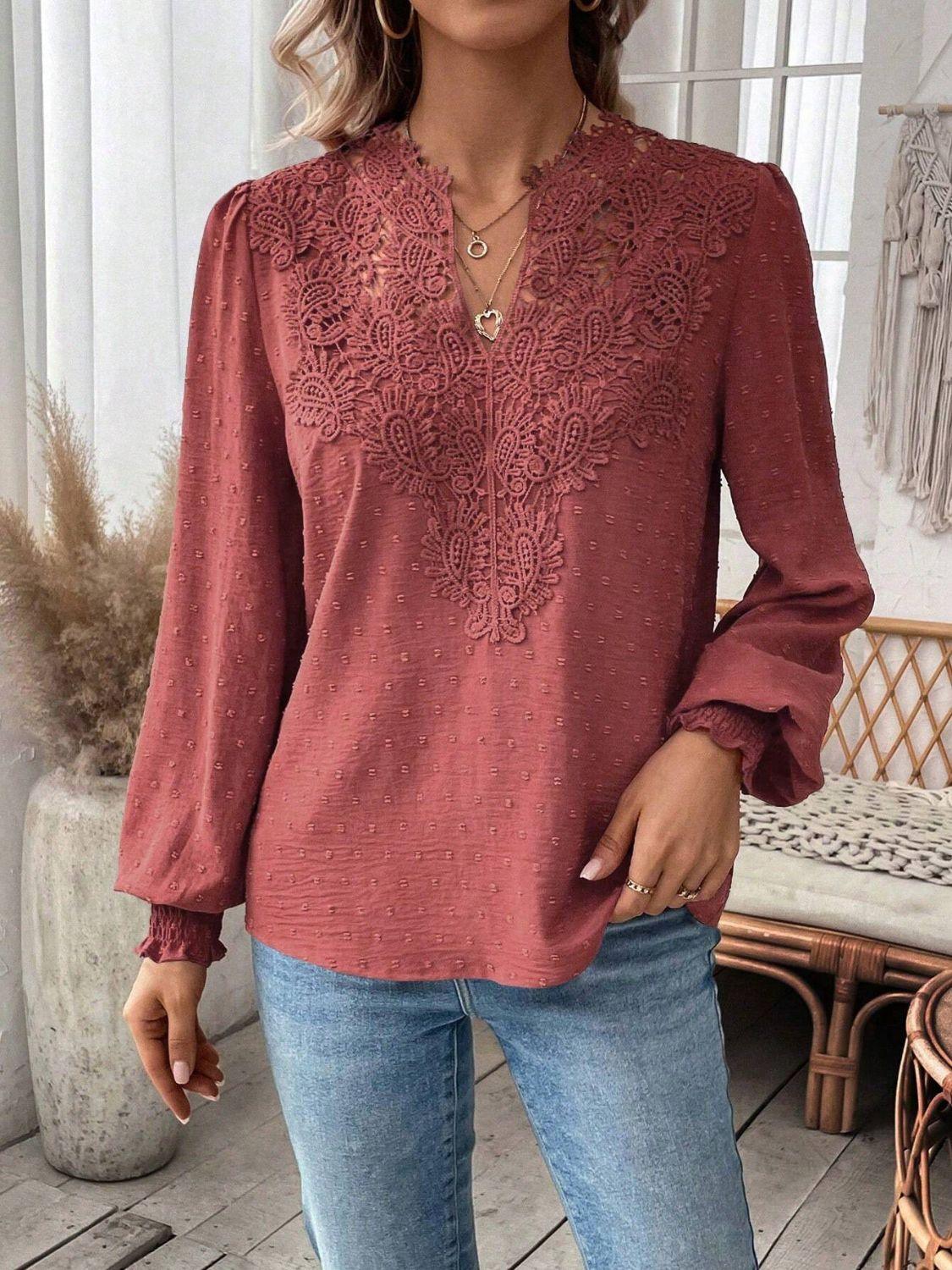 Swiss Dot Lace Detail Notched Long Sleeve Blouse - Clothes For Her Online Store