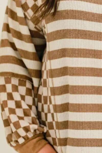 Plus Size Stripes & Checker Round Neck Long Sleeve Top - Clothes For Her Online Store