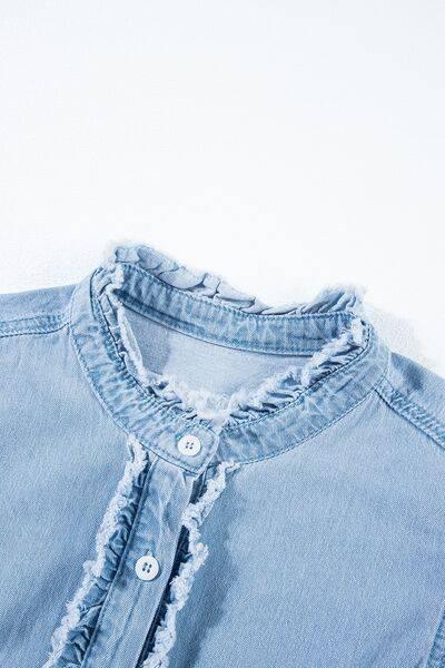 Button Down Raw Hem Ruffled Denim Shirt - Clothes For Her Online Store