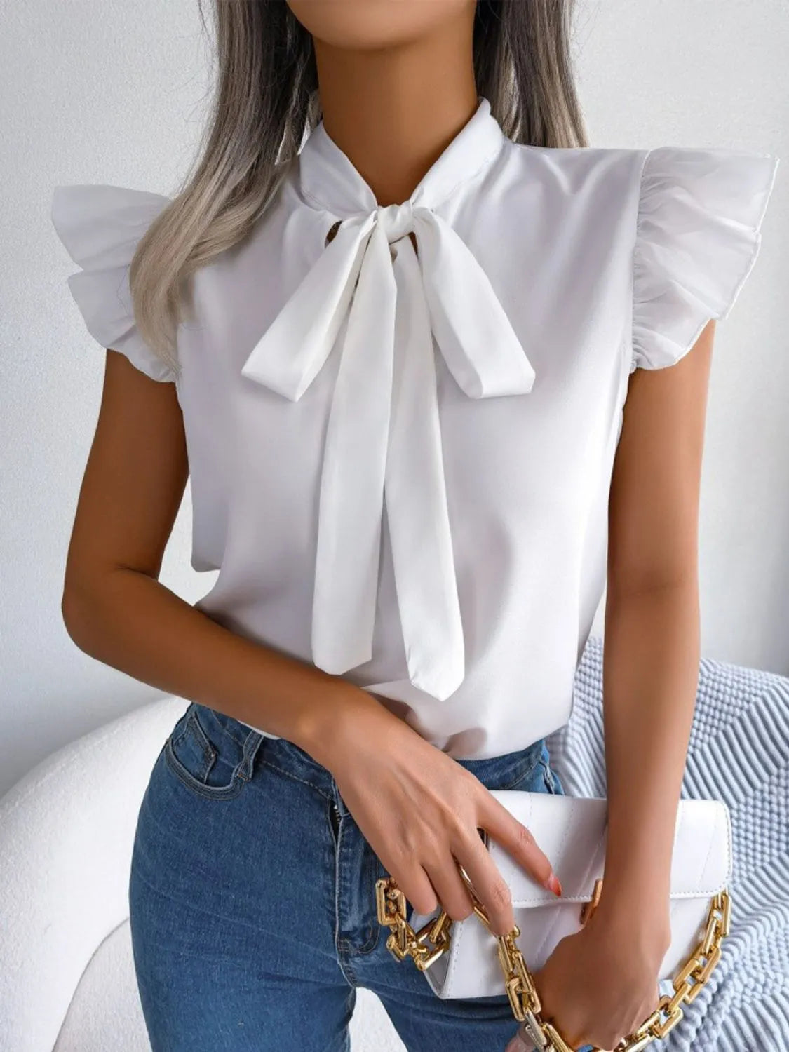 Ruffle Cap Sleeve Bow Tie Blouse