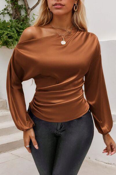 Drawstring One Shoulder Long Sleeve Blouse - Clothes For Her Online Store