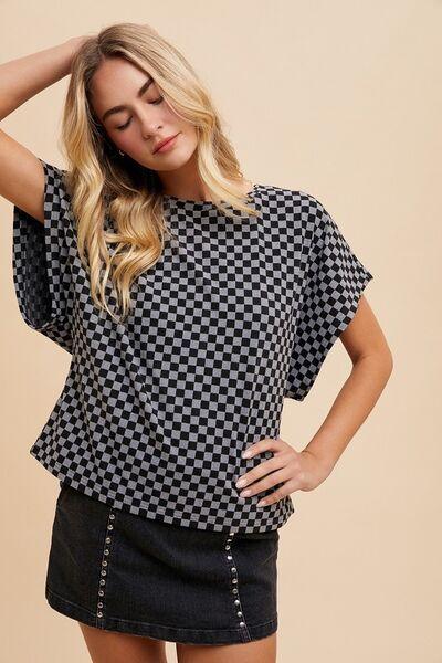 Annie Wear Checkered Round Neck Short Sleeve T-Shirt - Clothes For Her Online Store