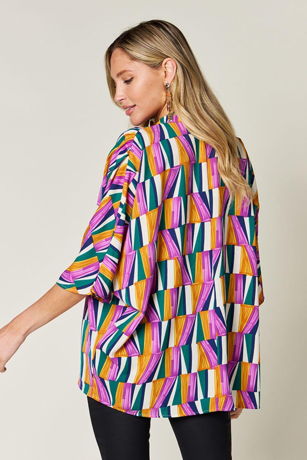 Double Take Full Size Geometric Notched Dolman Sleeve Top - Clothes For Her Online Store